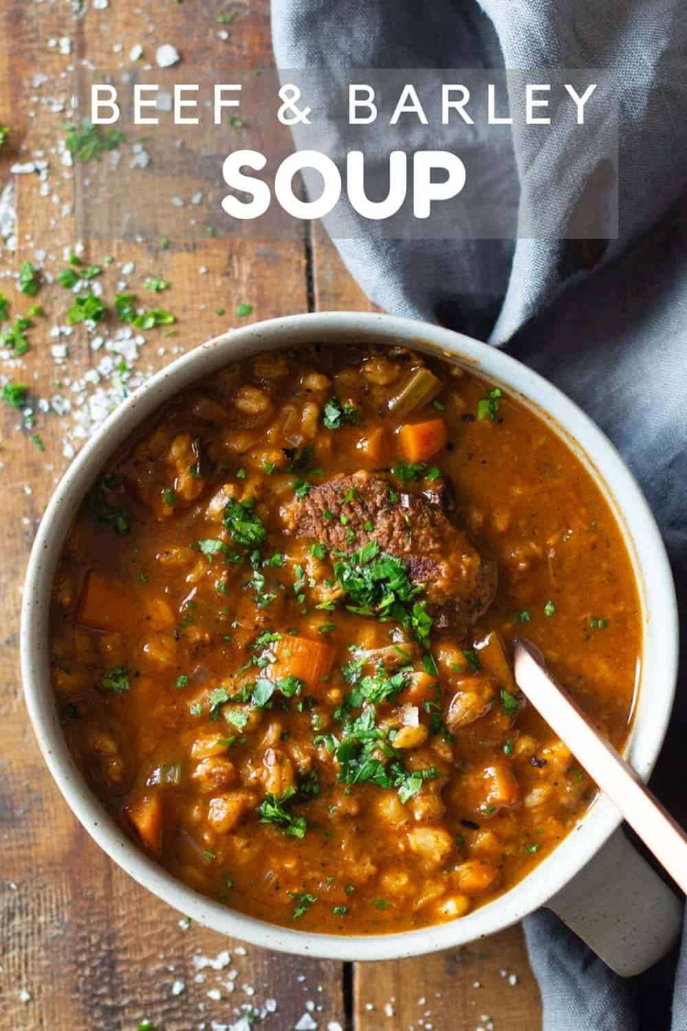 Beef and Barley Soup in a bowl with a spoon