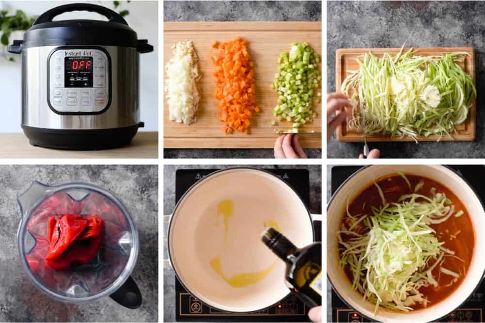 Photo collage of ingredients for cabbage roll soup.