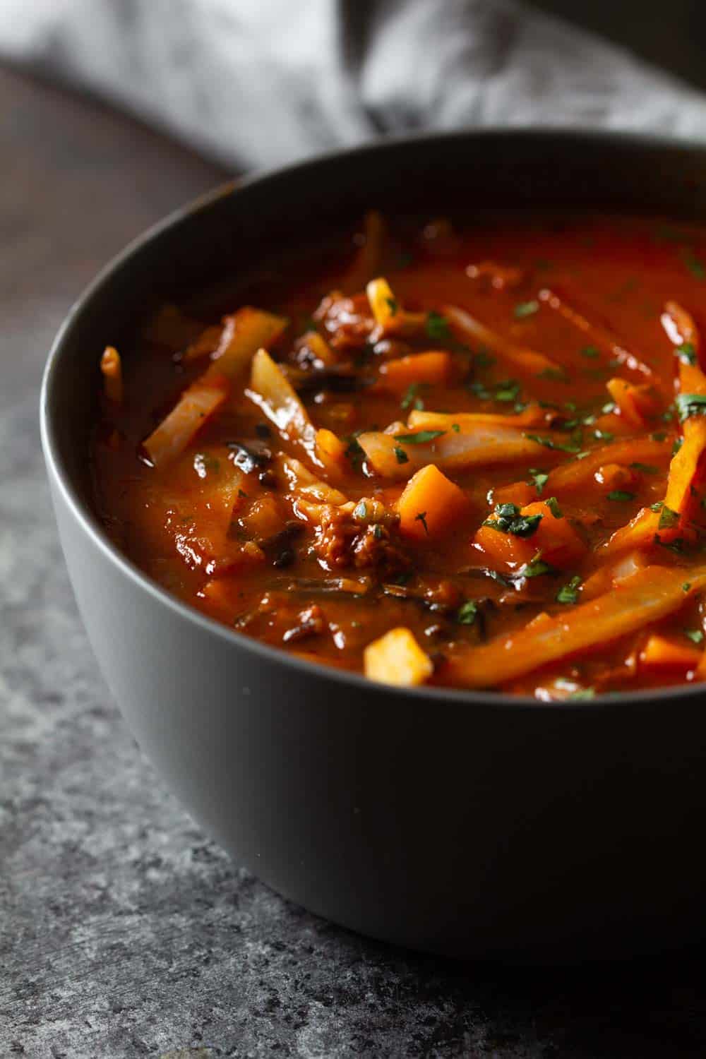 Closeup of texture of cabbage roll soup