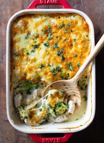 Chicken and Rice Casserole with a wooden spoon