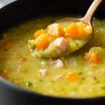 closeup of texture of instant pot split pea soup on a spoon