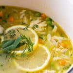 closeup of texture of lemon chicken orzo soup