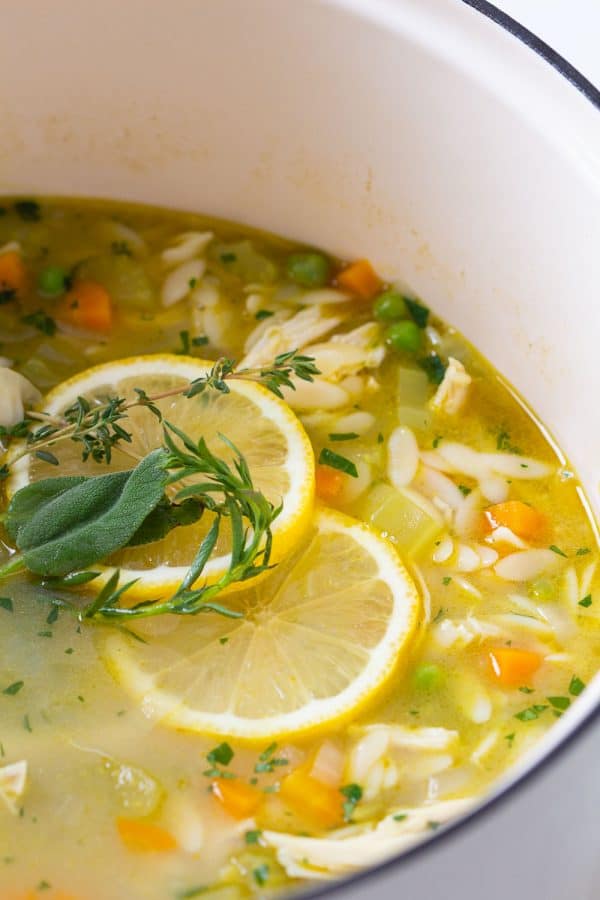 Closeup of Lemon Chicken Orzo Soup in pot