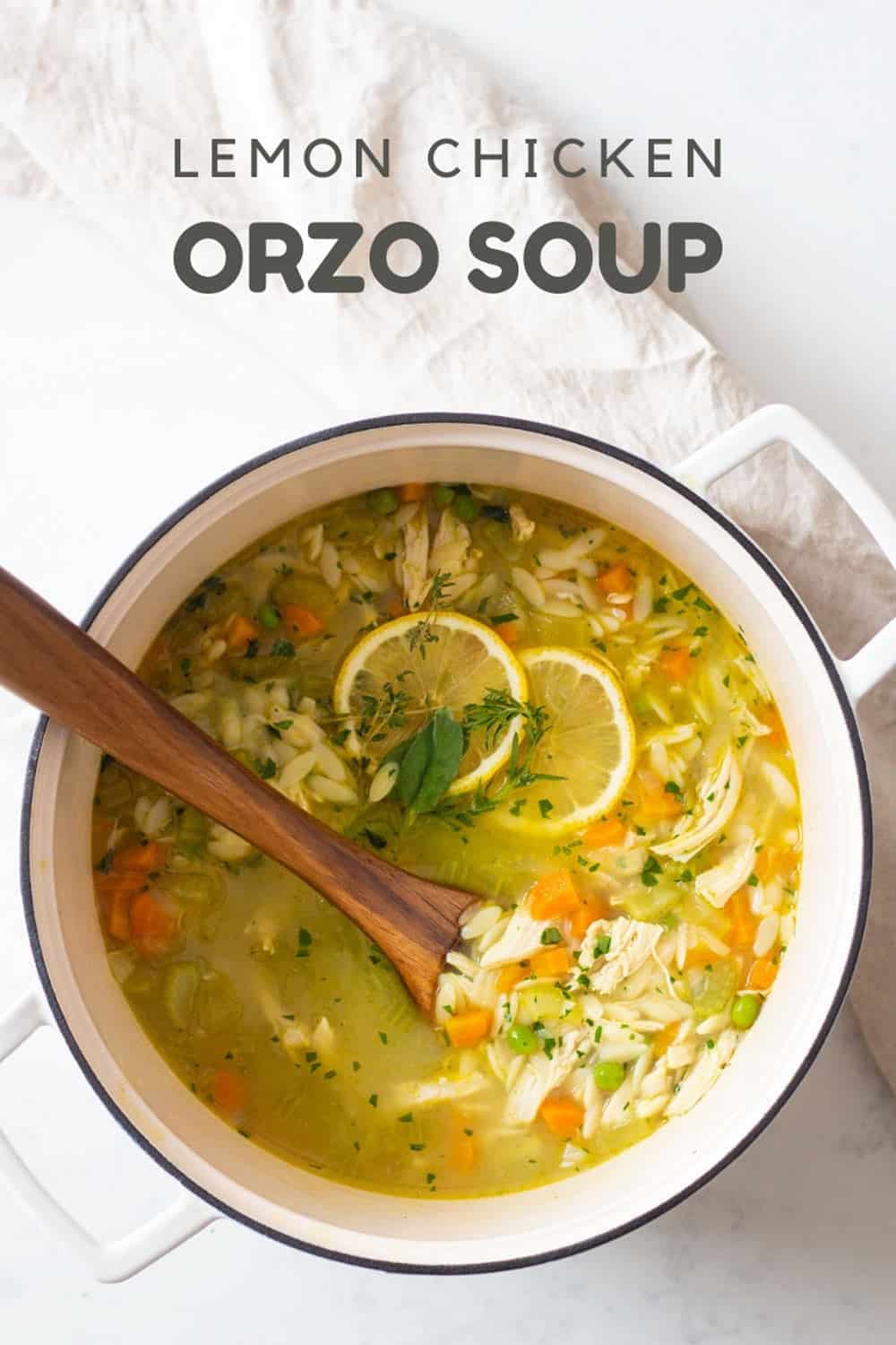 Lemon Chicken Orzo Soup in a white pot