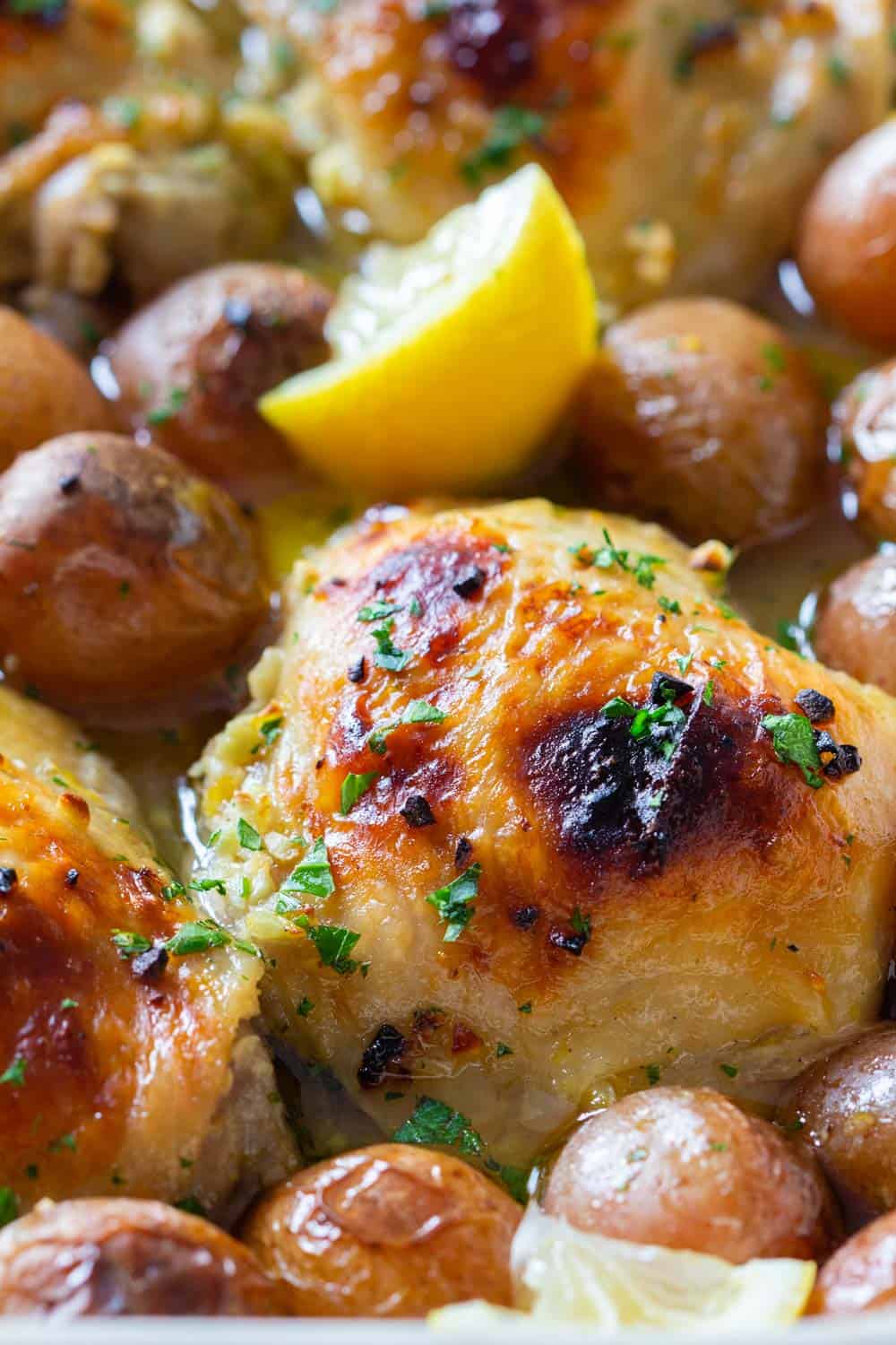 Closeup of Lemon Garlic Chicken and Baby Potatoes