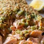 Closeup of baked salmon with almond flour parmesan crust