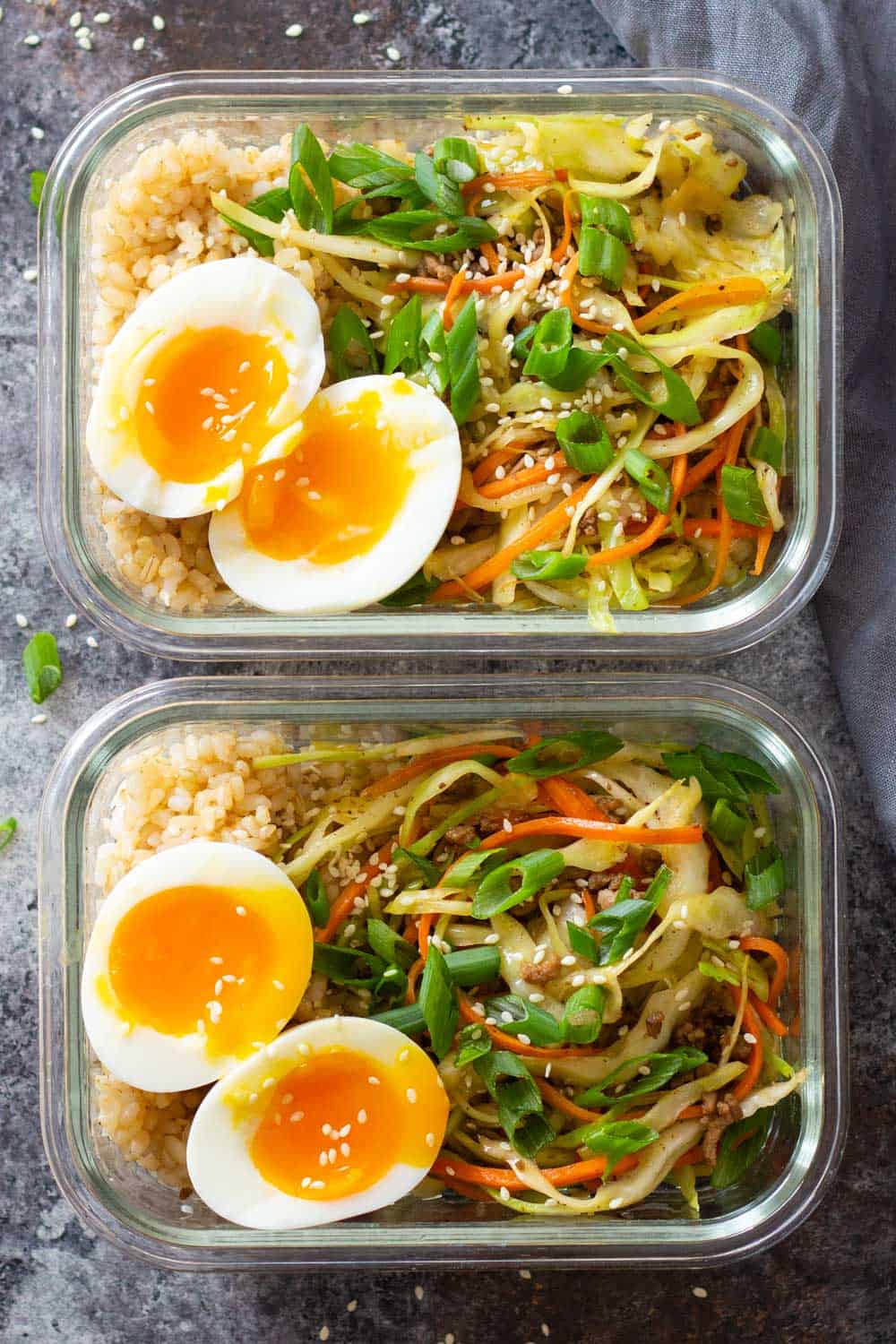 Egg Roll In A Bowl with Ramen Egg in Meal Prep Containers