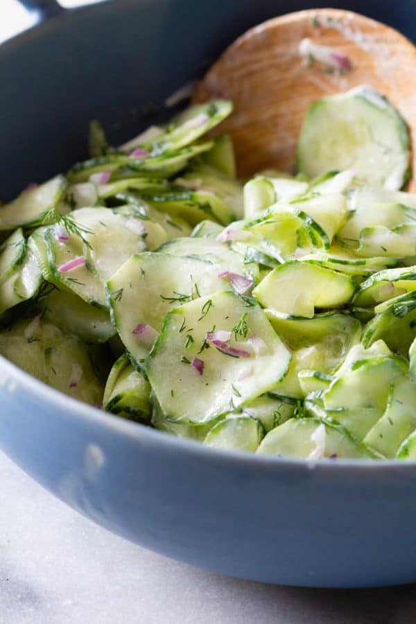 Closeup shot of texture of Creamy Cucumber Salad