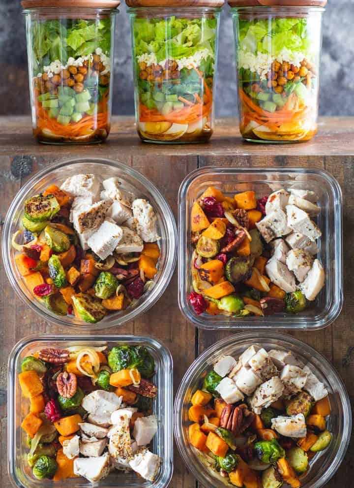 Photo collage of 4 chicken meal prep bowls and 3 meal prep salads