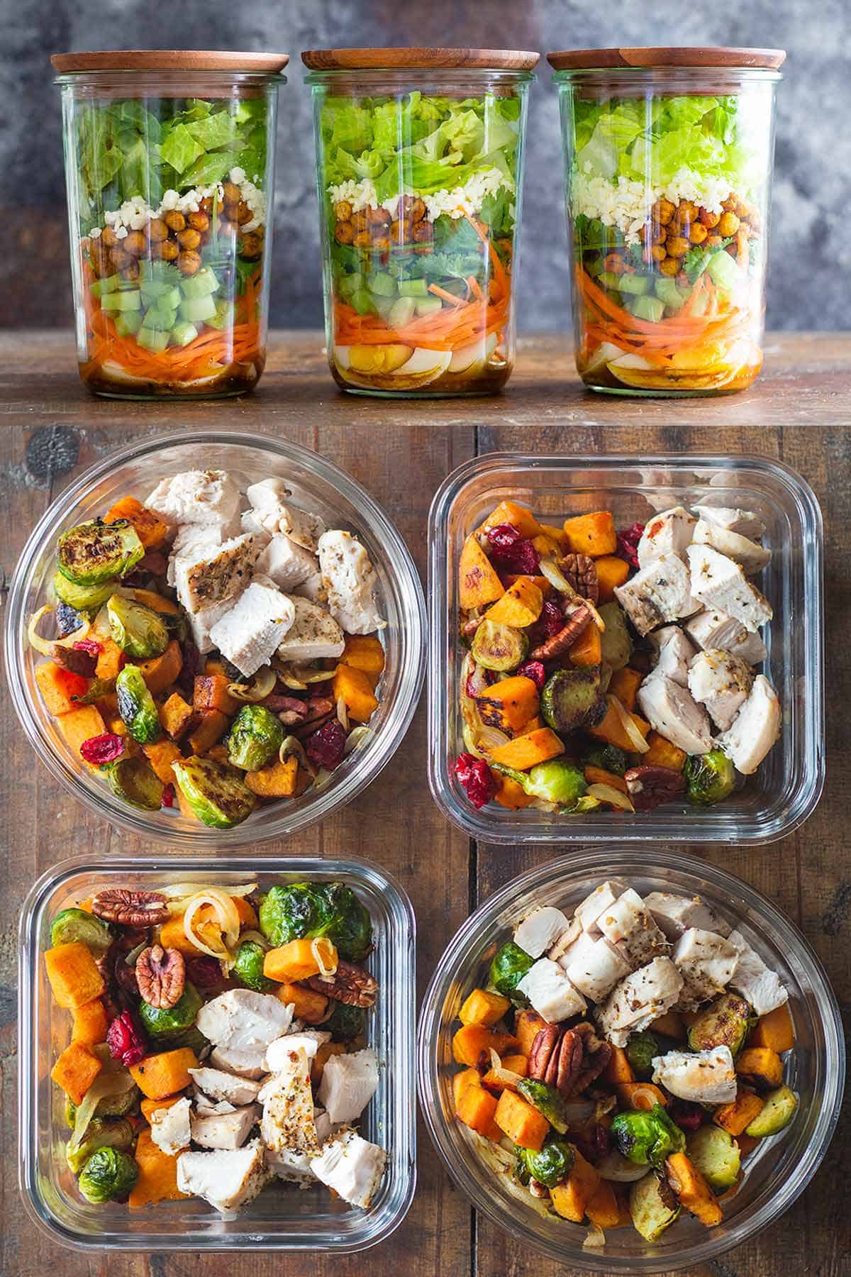 Photo collage of 4 chicken meal prep bowls and 3 meal prep salads