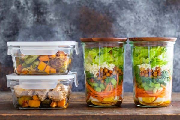 chicken meal prep bowls and salad meal prep jars