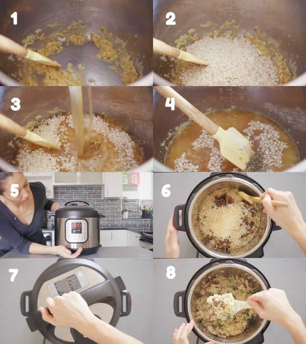 Step by step images of how to make risotto in the Instant Pot. Eight numbered images or the process.