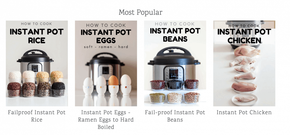 4 images of popular instant pot recipes with instant pot in the background, rice in front of one, eggs in front of the second, beans in front of the third, and chicken pieces in front of the fourth
