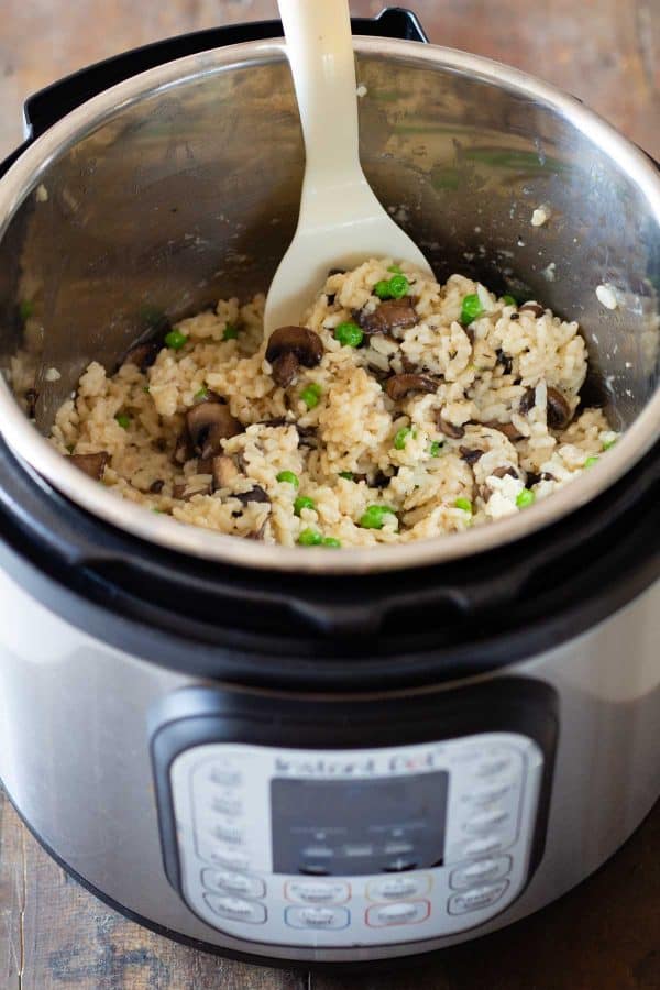 Mushroom and Pea Risotto in an open Instant Pot