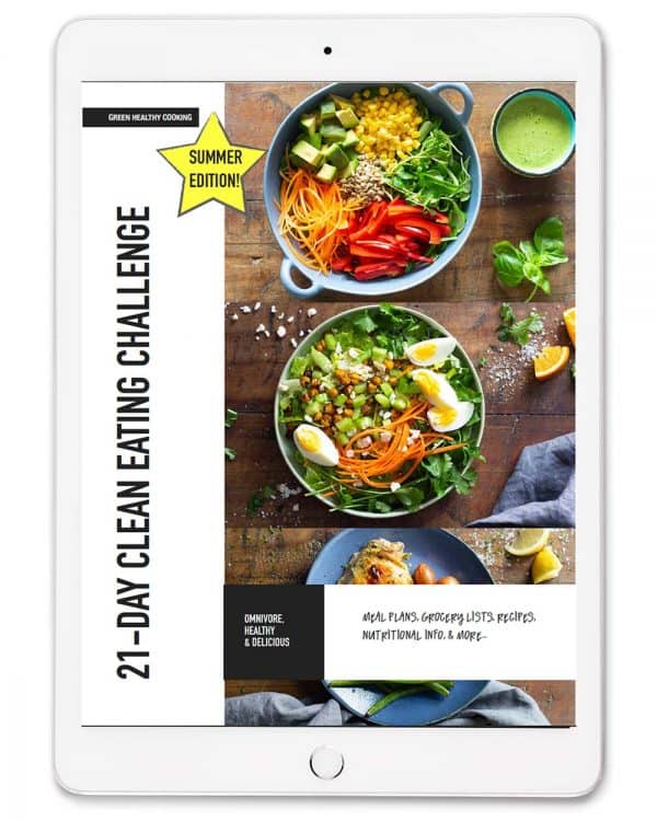 bookcover of clean eating challenge with recipe photos and book title shown on an ipad