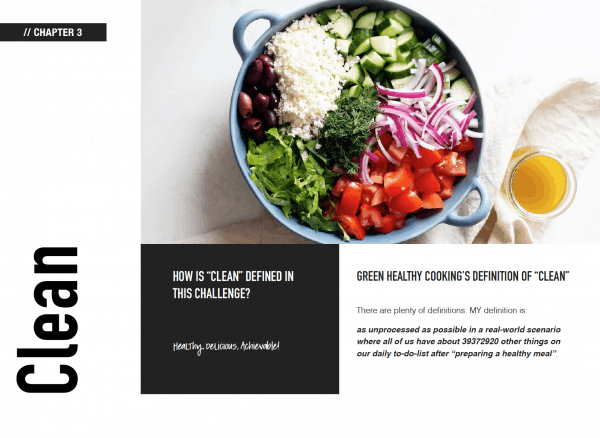 page out of clean eating challenge e-book showing definition of clean