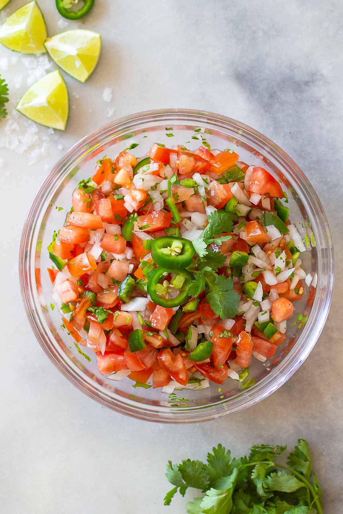 Pico de gallo in a glass bowl