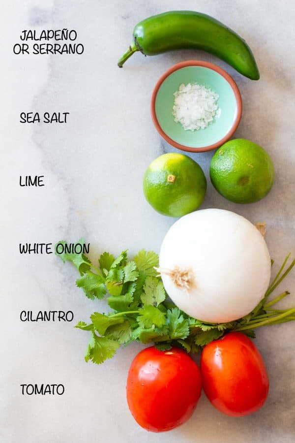 ingredients for pico de gallo with ingredient names labeled
