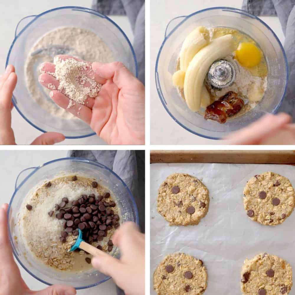 Photo collage of step-by-step instructions to make banana oatmeal cookies.