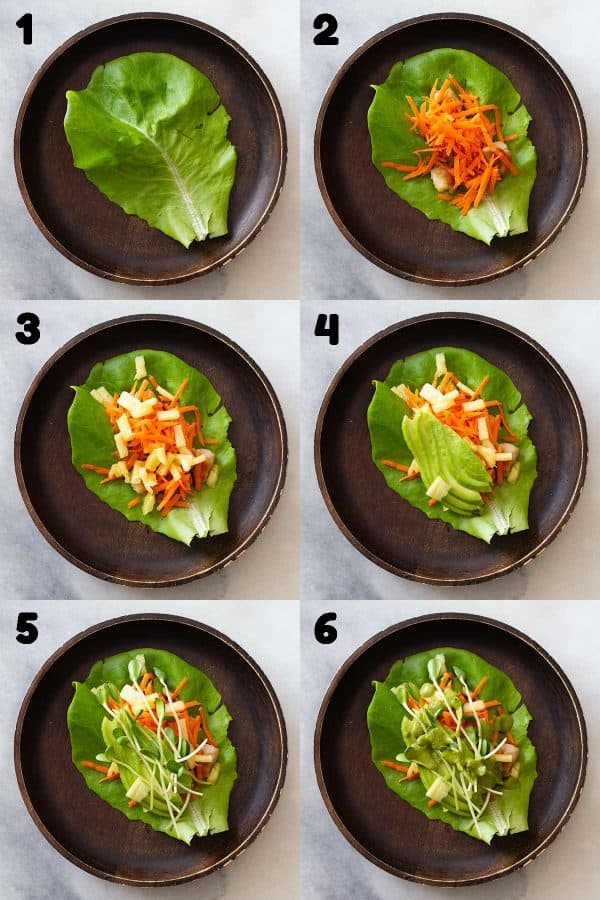 Step-by-step assembly of a chicken lettuce wrap with 6 numbered photos
