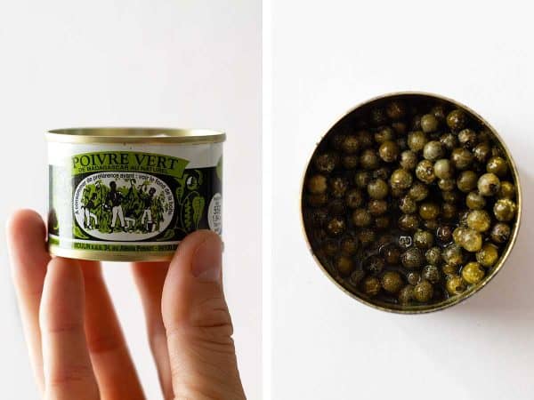 Photo collage of a can of green pepper held in hand on the left and open can on a kitchen counter on the right.