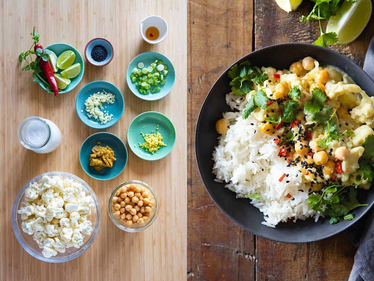 Photo collage of ingredients for cauliflower chickpea curry to the left and finished dish to the right.