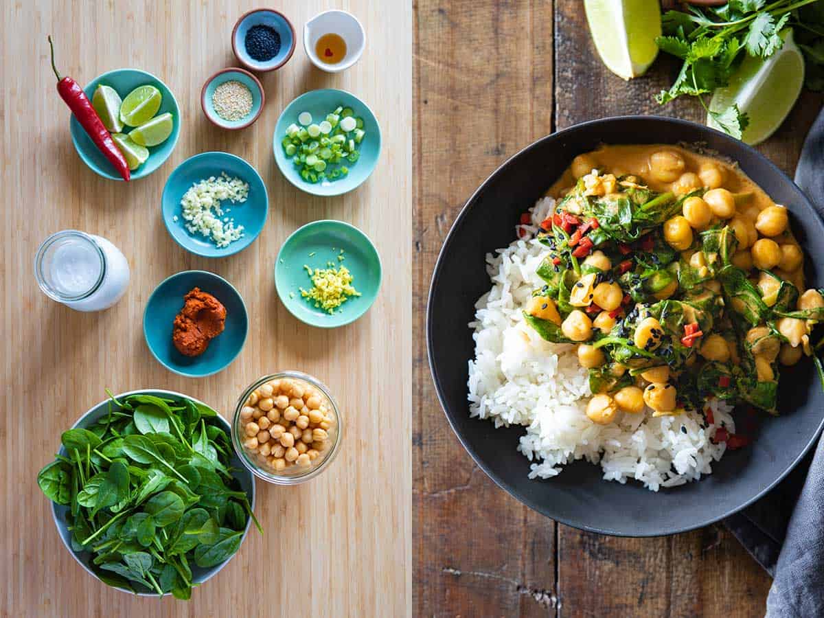 Photo collage of ingredients for spinach chickpea curry to the left and finished dish to the right.