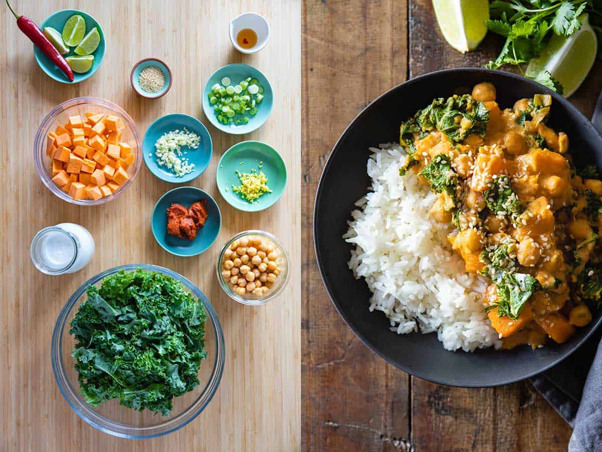 Photo collage of ingredients for sweet potato chickpea curry to the left and finished dish to the right.