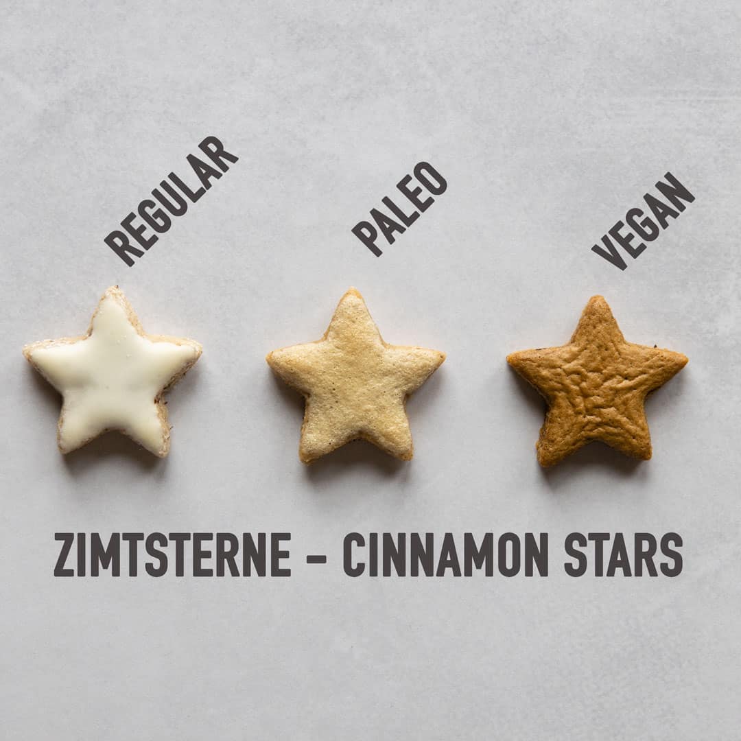 Regular, paleo, and vegan Zimtsterne in one row and text overlay of different types.
