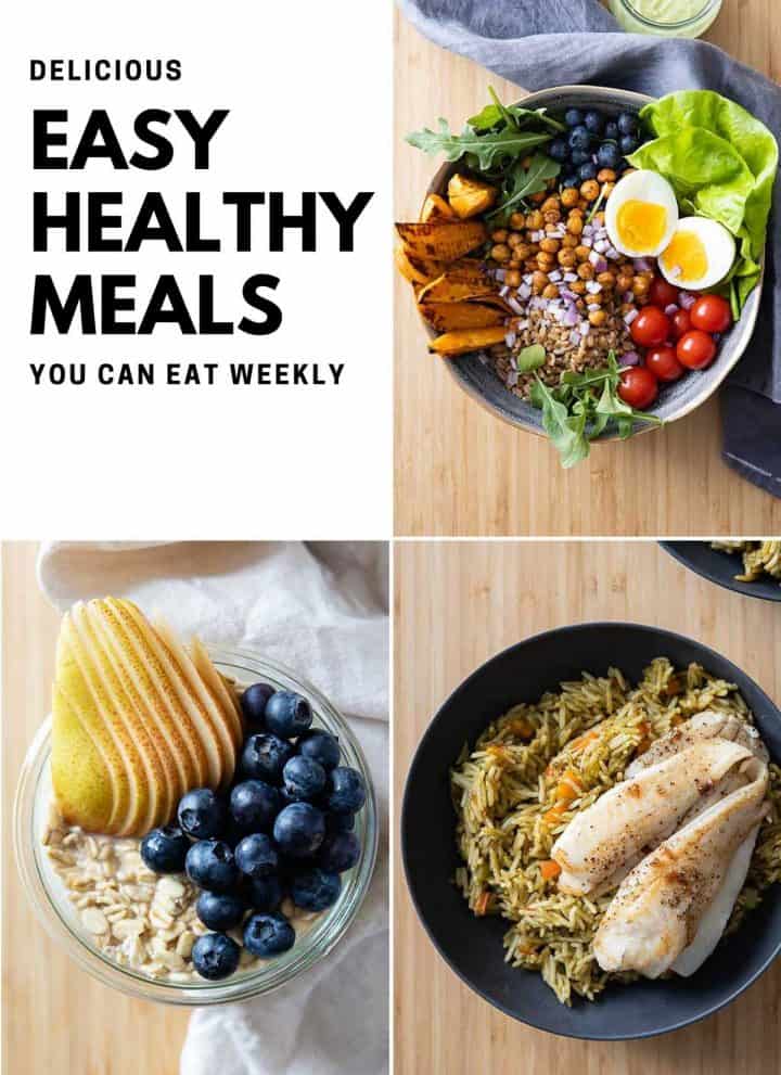 Photo collage of three healthy meals and text overlay with blog post title.