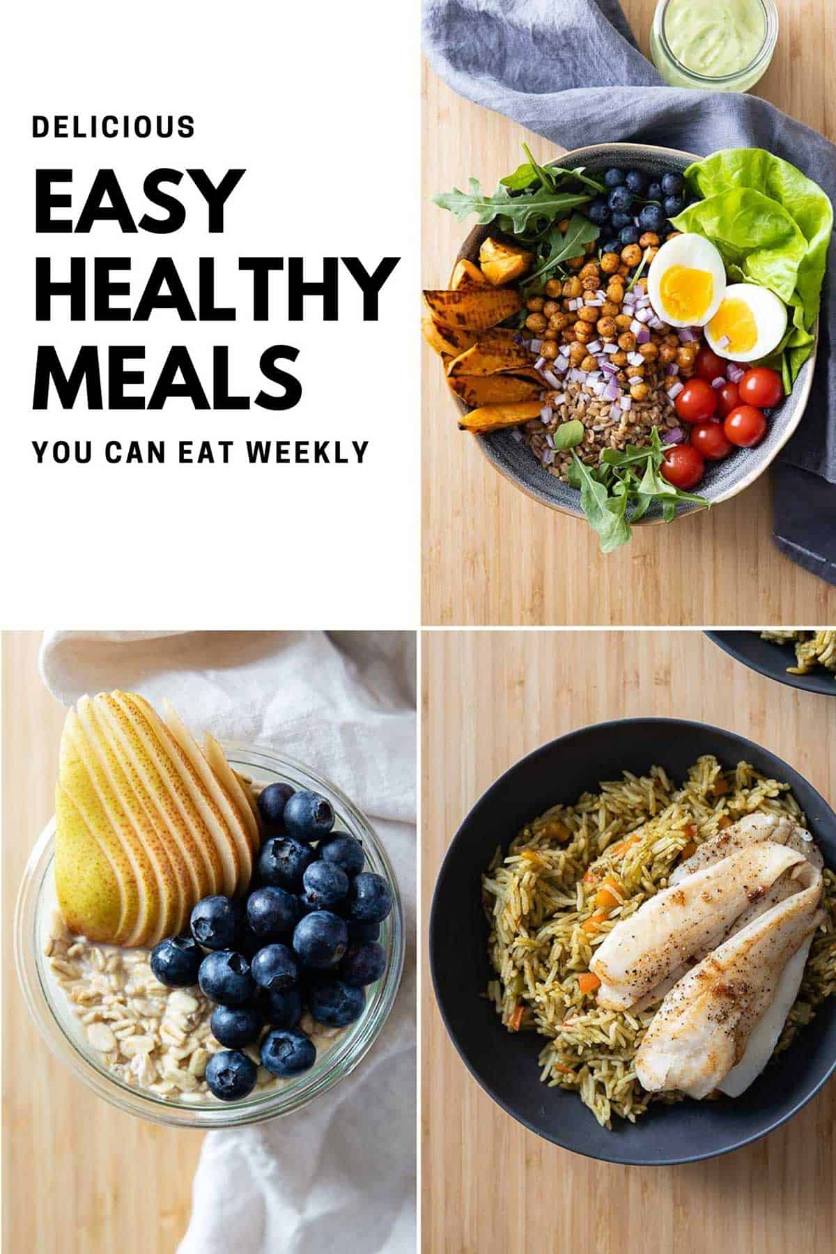 Photo collage of three healthy meals and text overlay with blog post title.