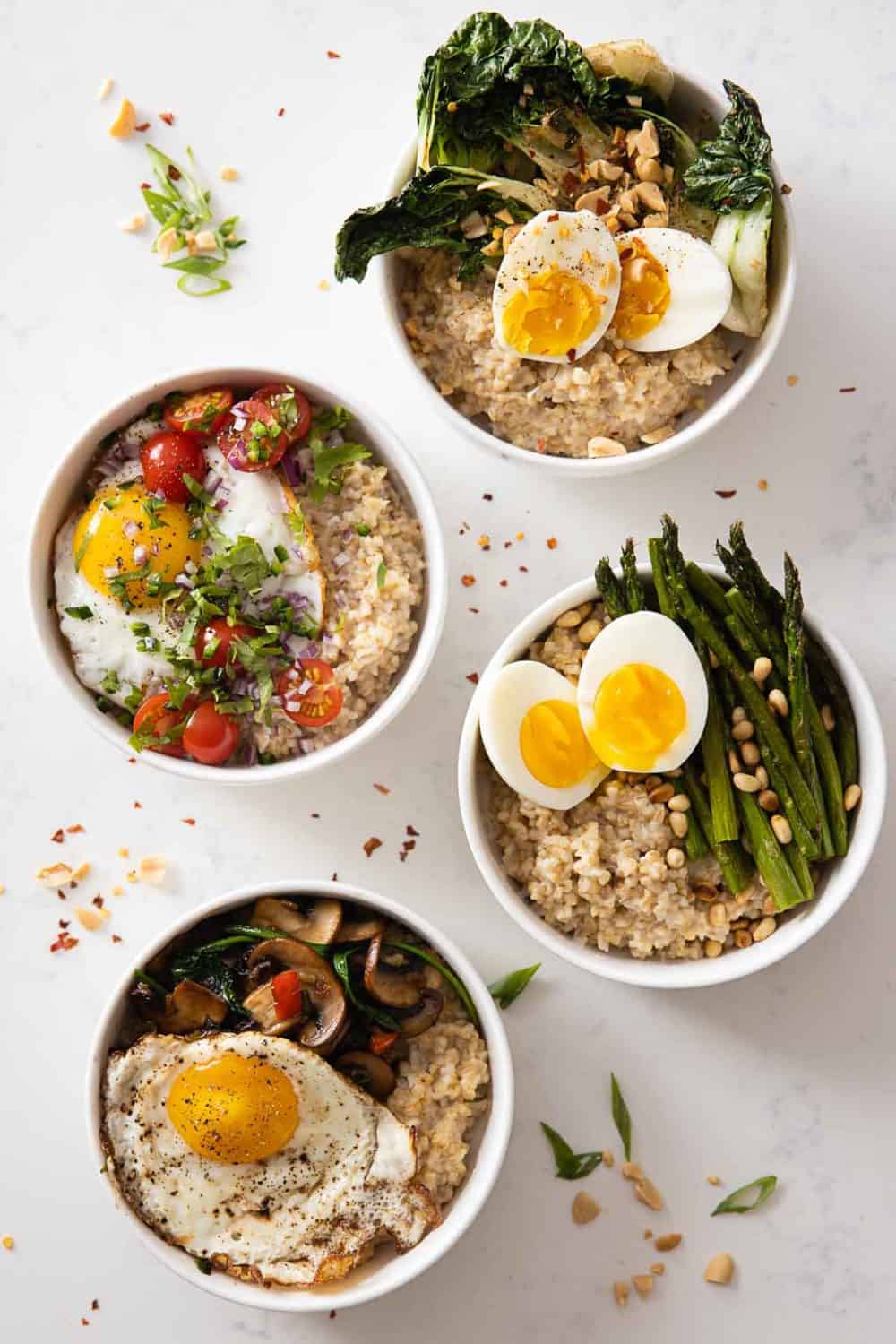 Creamy steel cut oats with savory toppings such as vegetables and eggs.