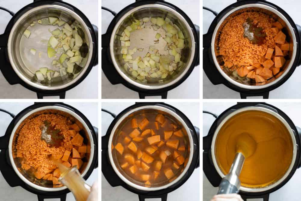 Photo collage of step-by-step instructions to make sweet potato soup.