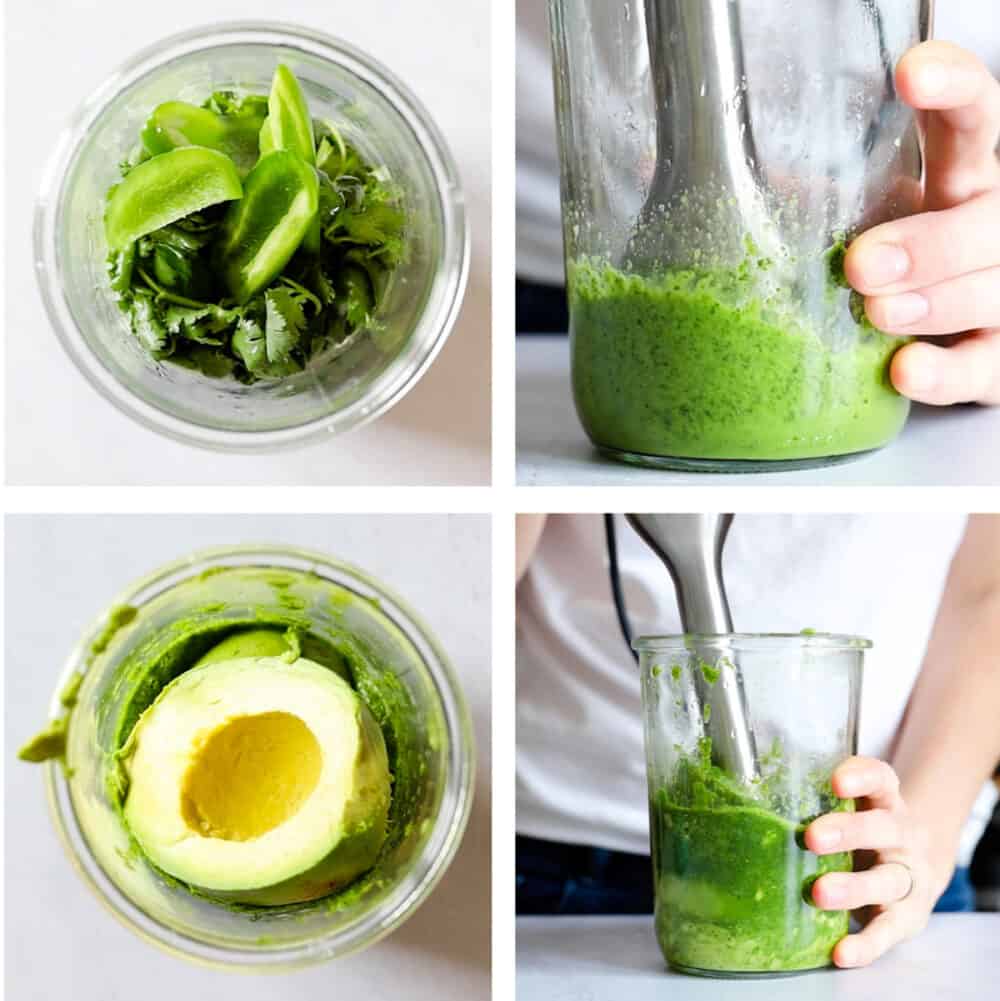Photo collage of step-by-step process of how to make avocado dip.