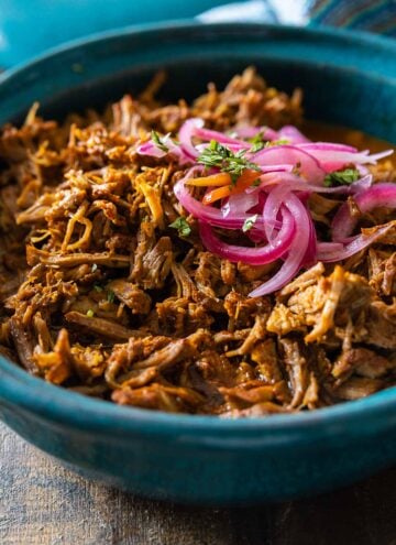 Closeup look of texture of Cochinita Pibil served in a blue bowl and topped with red onion.