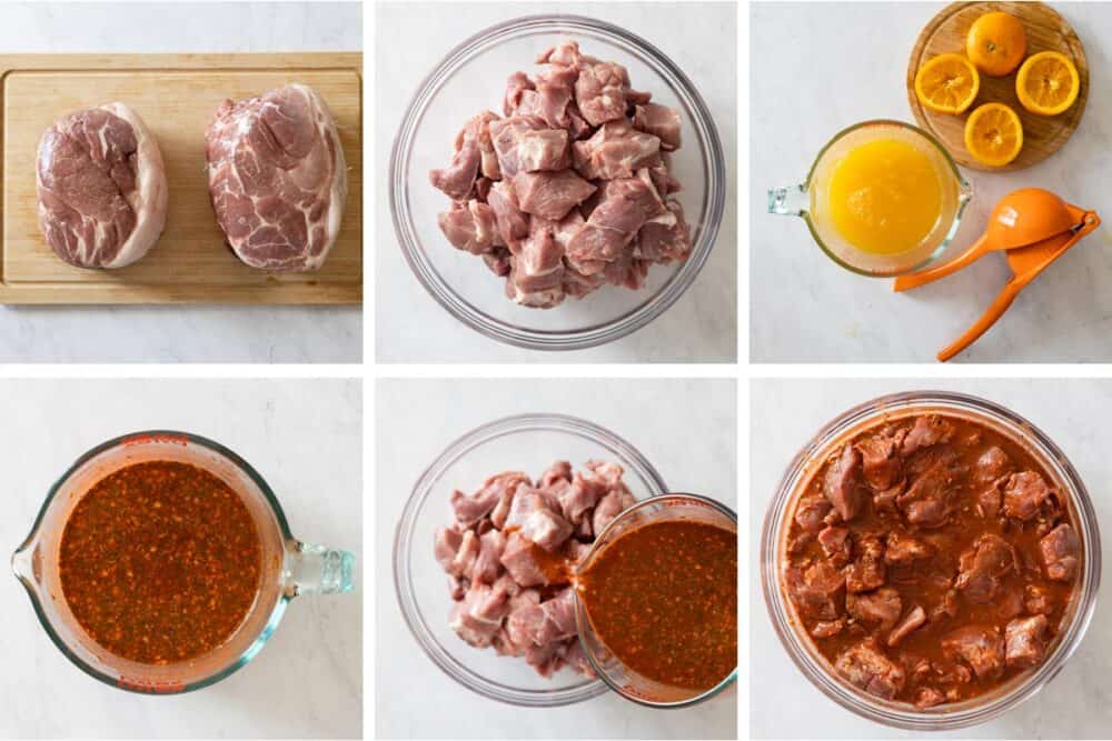 Photo collage of process of cutting pork into pieces and preparing the marinade.