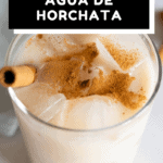 Agua de Horchata in a glass sprinkled with cinnamon. Closeup photo to show texture with text overlay for Pinterest.