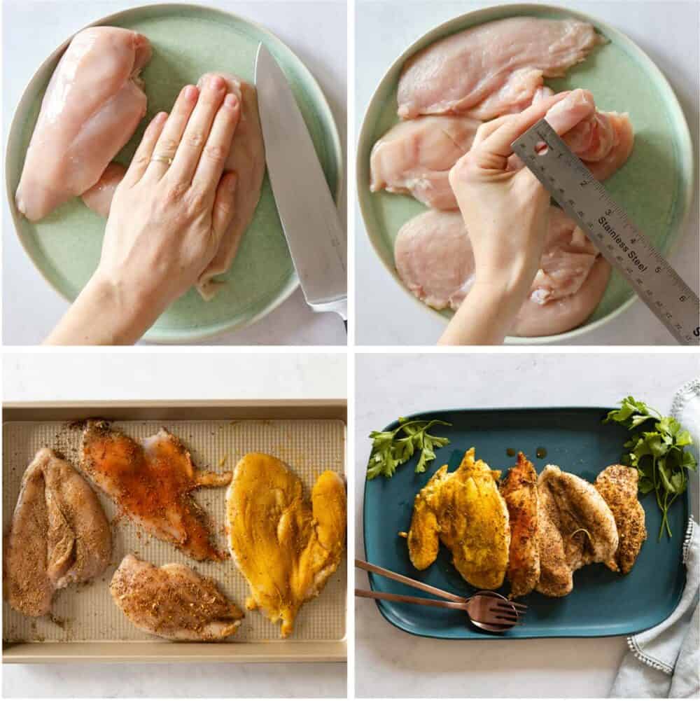 Photo collage of 4 images showing the process to make baked chicken breast.
