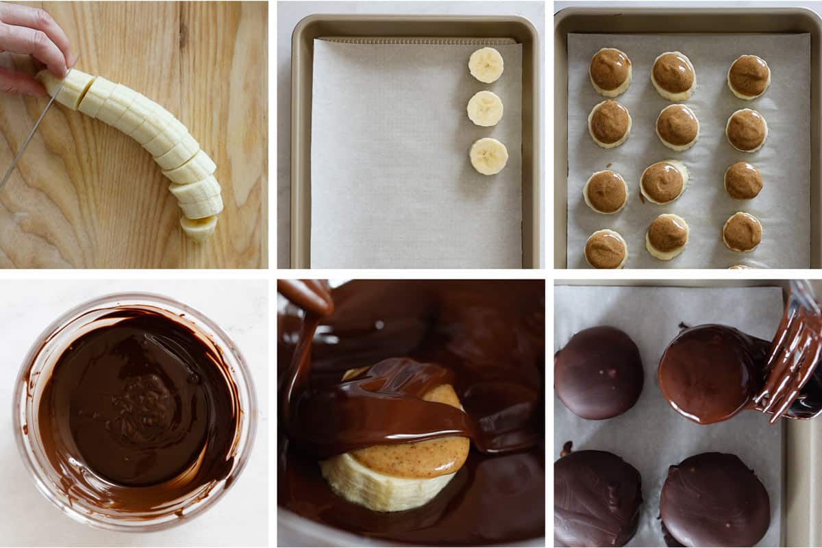 Photo collage of step by step instructions on how to make chocolate covered banana bites.