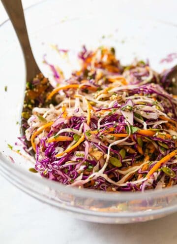 Healthy Coleslaw in a large glass salad bowl.