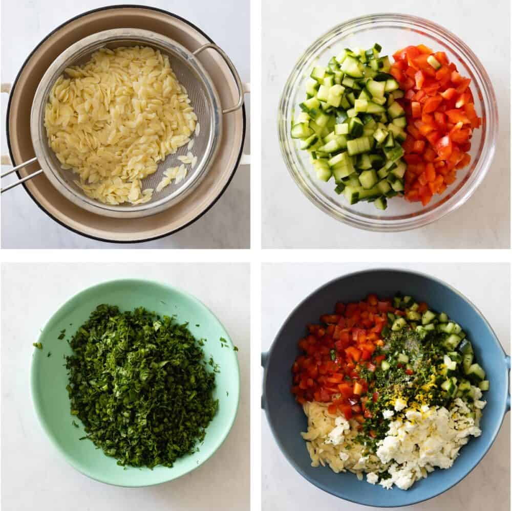 Photo collage of 4 images showing the step-by-step process of making lemon orzo salad.