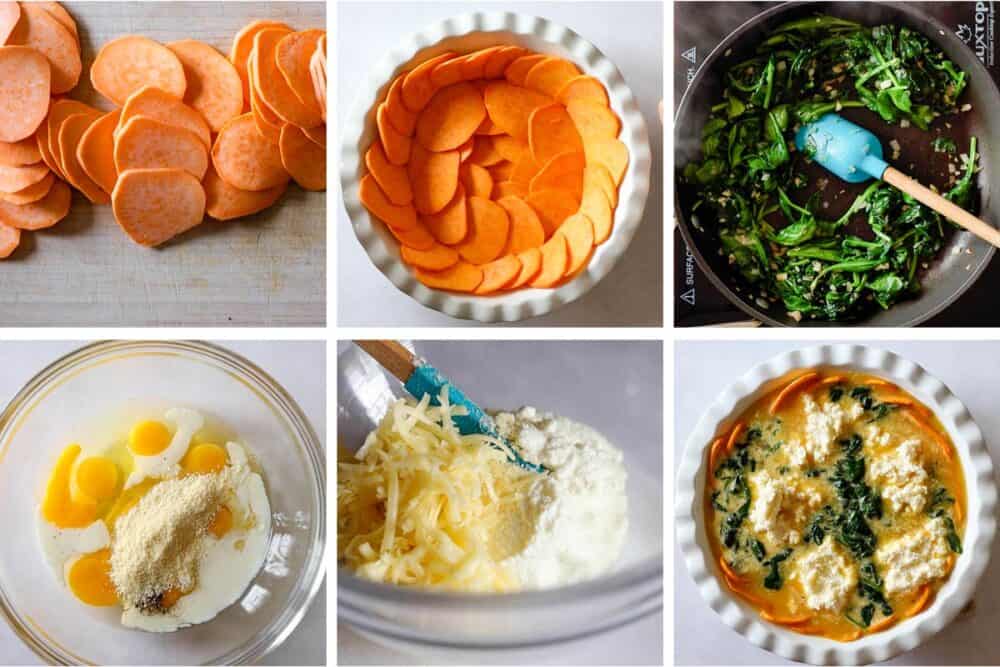 Photo collage of step-by-step process of how to make crustless spinach quiche.