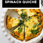 Crustless Spinach Quiche in a pie dish one piece missing two pieces cut out with text overlay for Pinterest.