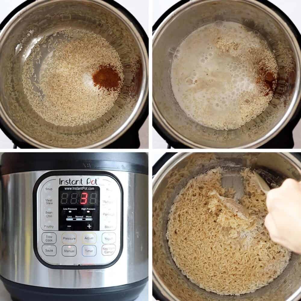 Photo collage of step-by-step process of how to make coconut rice in the Instant Pot..