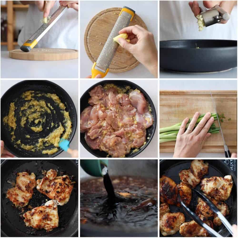 Photo collage of step-by-step process of how to make lemongrass ginger chicken.