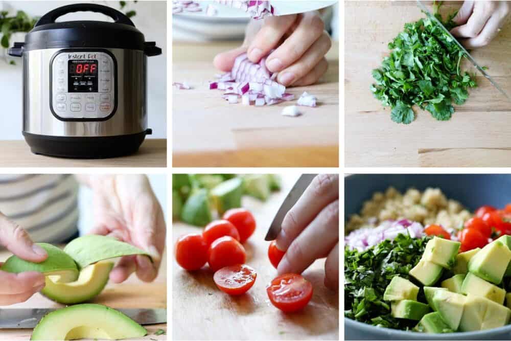 Photo collage of step-by-step process of how to make an easy quinoa salad.