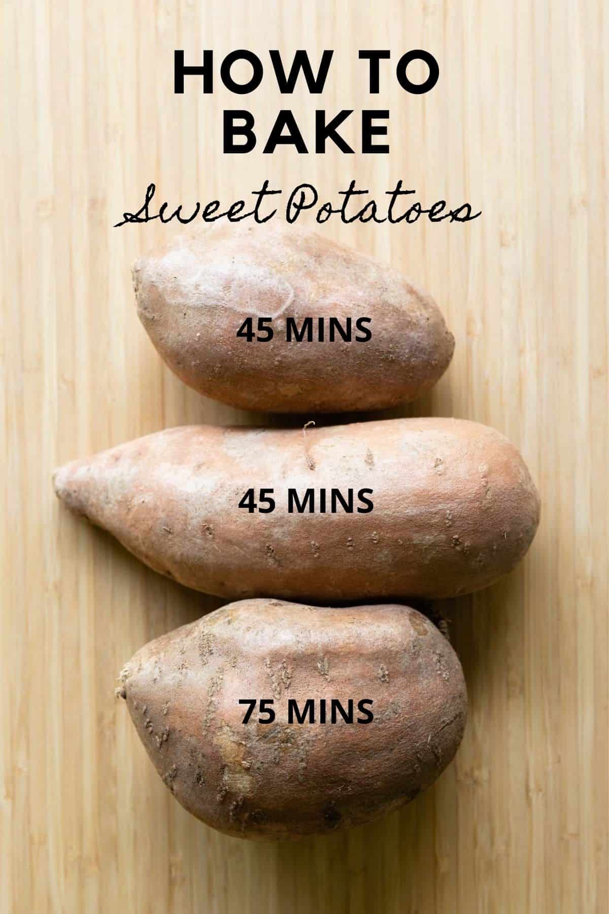 3 sweet potatoes of different sizes on kitchen counter and text overlay reading "how to bake sweet potatoes" and minutes indicated.