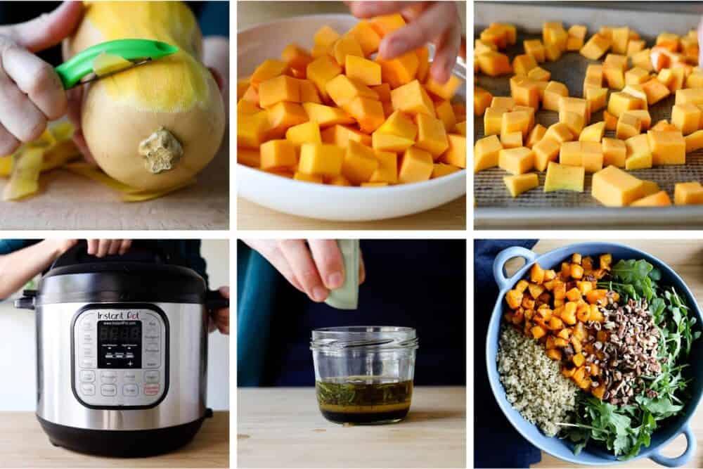 Photo collage of step-by-step process of how to make butternut squash salad.