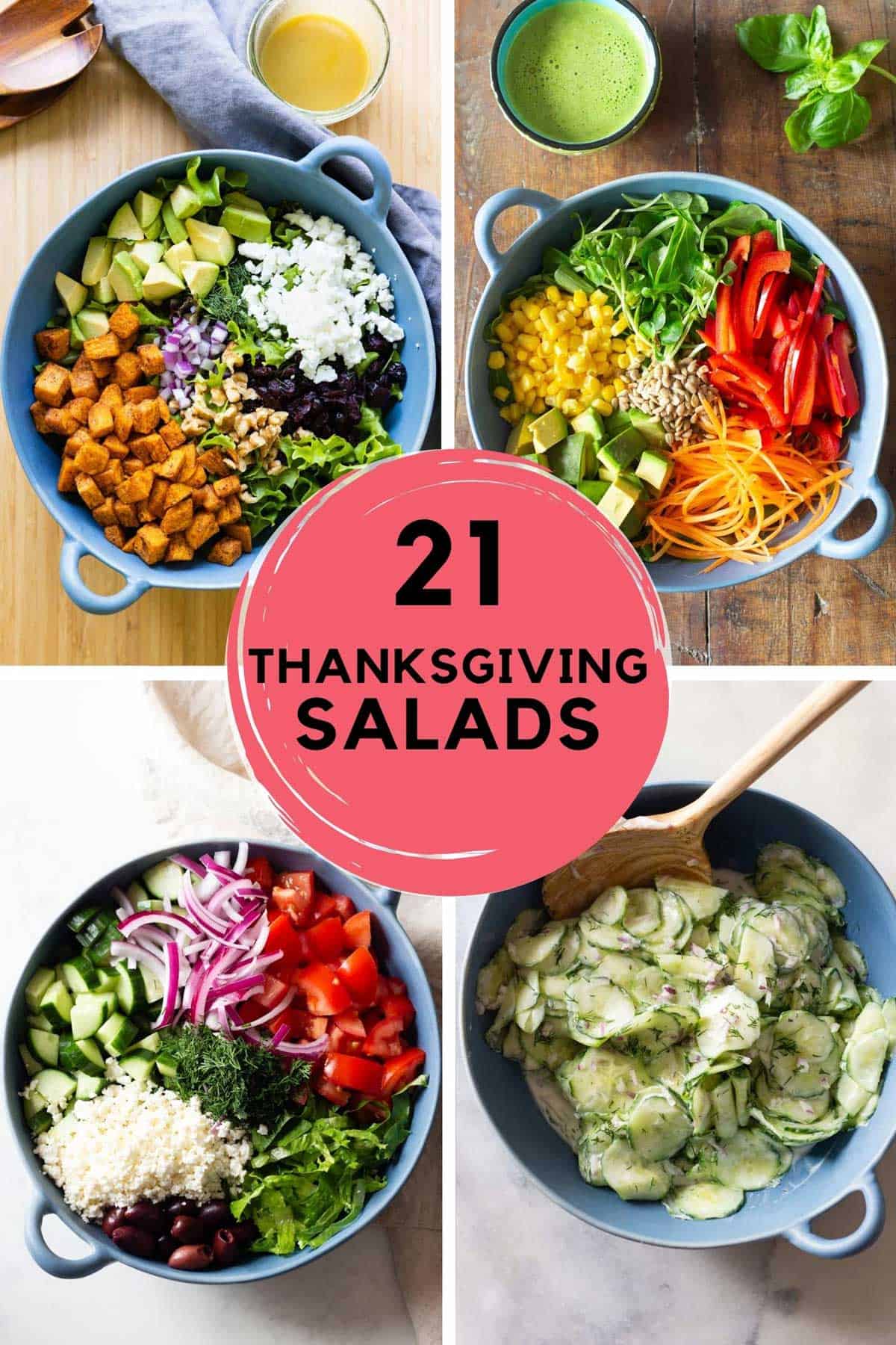 photo collage of 4 different salads and text overlay reading: "21 Thanksgiving Salads".