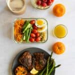 All meals for a day of clean eating laid out on a kitchen counter.